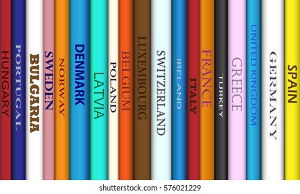 Book spines with different European travel destinations
