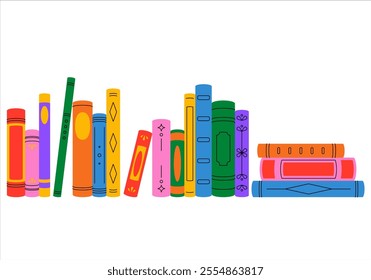 Book spines. Large bookshelf with various books. Collection of antique books. History, knowledge, timelessness. Literature for the whole family. Children's reading. Creative banner for bookstore