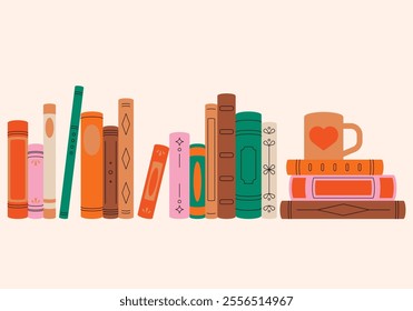 Book spines. Large bookshelf with various books. Collection of antique books. History, knowledge, timelessness. Literature for the whole family. Children's reading. Creative banner for bookstore