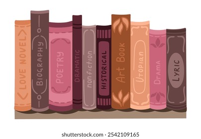 Libro espinas en una estantería. Literatura para la lectura y la educación. Vector.