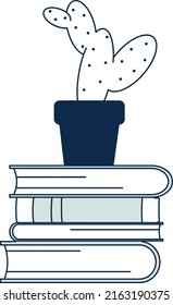 Book stack with cactus pot. House decor icon