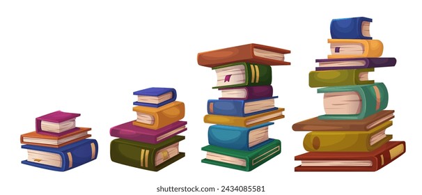 Book stack in cartoon vector illustration set. Tall and small pile of literature with paper pages, colorful hardcover and bookmarks for education and reading concept.