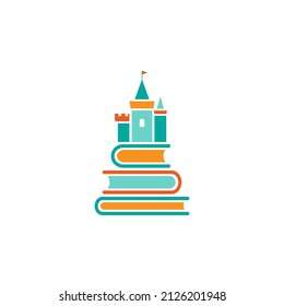 Book stack with castle. Isolated on wjite background. Flat icon. Vector illustration. Magic, creative reading logo. Fairytale pictogram. Book for kids.