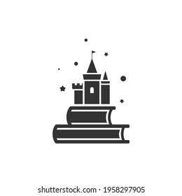 Book stack with castle and stars or fireworks. Flat icon isolated on white background. Vector illustration. Magic, creative reading logo. Fairytale pictogram. Book for kids.