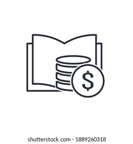 Book and stack of coins. Financial literacy, education. Vector linear icon isolated on white background.