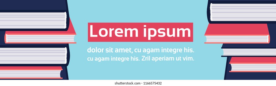book stack creative education knowledge concept studying process flat horizontal banner copy space blue background vector illustration