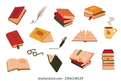 Book stack flat autumn color set. Library, reading, feather, pen, mug, glasses icons. Colorful vector illustrations on white background.