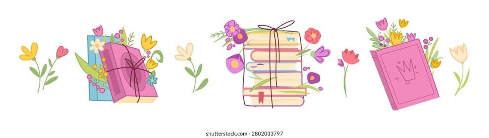 Book stack with flowers cartoon vector illustration isolated on white background. Opened and closed books, tied with string or cord and with bouquet between pages, summer or spring reading elements