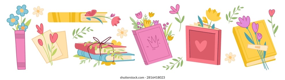 Book stack with flowers cartoon vector illustration isolated on white background. Opened and closed books, tied with string or cord and with bouquet between pages, summer or spring reading elements