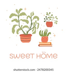 Book stack, flowers in pots vector illustration. Hygge sweet home atmosphere. Print for home plants lovers.