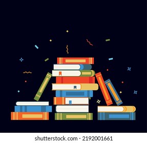 Pila de libros. Enorme pila de libros y enciclopedias, concepto de educación y éxito, biblioteca universitaria, conocimiento académico y escolar caricatura plana aislada en ilustración verde eps 10