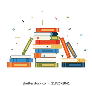 Book stack. Huge pile of books and encyclopedias, education and success concept, university library, academic and school knowledge flat cartoon isolated on green illustration eps 10