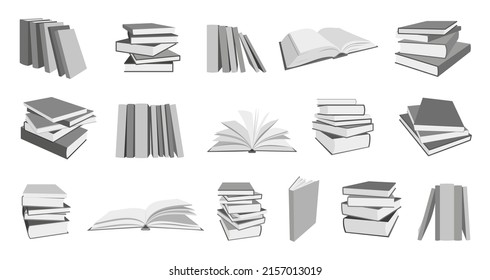Juego plano monocromo de la educación isométrica de la pila de libros. Pile varios libros del mundo de la revista notebook gruesa enciclopedia. Collage de diseño del cuaderno de diseño de pegatinas en la escuela. Estudio de lectura de conceptos aislado