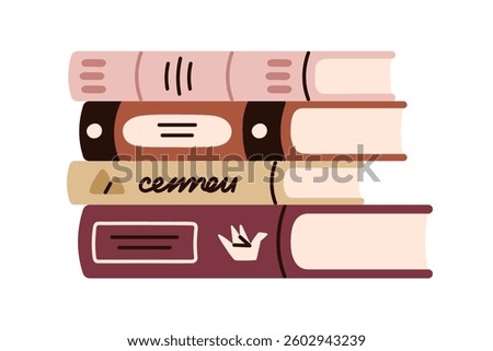 Book stack laying. Hardcover volumes for reading, study. Textbooks and education, fiction literature for knowledge. Novel cover spines lying. Flat vector illustration isolated on white background