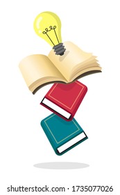 Book stack with light bulb, education concept, gradient graphics isolated on white background.