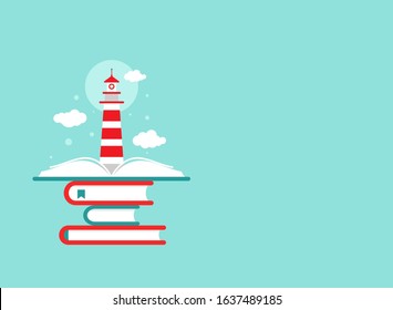 book stack with lighthouse or beacon and clouds on blue background. Vector flat illustration. Knowledge, reading, education logo. Imagination and inspiration picture. Books can help and guide.