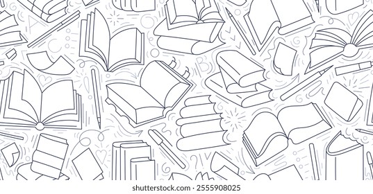 Book stack line pattern. Art sketch education wallpaper on transparent background for library, lesson at school, lecture design. Vector graphic print with school supplies and student elements