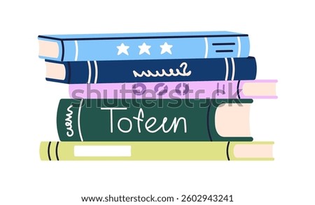 Book stack lying. Fiction literature volumes with hardcover spines, laying on table. Abstract novel covers for reading, education, study. Flat vector illustration isolated on white background