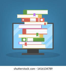 Book stack on the computer. Education and online library concept illustration. Learn and study in the internet. Science and technology.