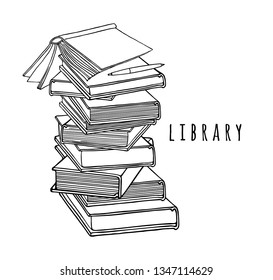 Book stack and pen.  Illustration of education with school textbook. Linear vector graphics.