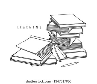 Book stack and pen. Learning, reading, library. Illustration of education with school textbook. Linear vector graphics.