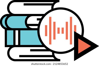 Book stack with play sound sign. Audiobook icon