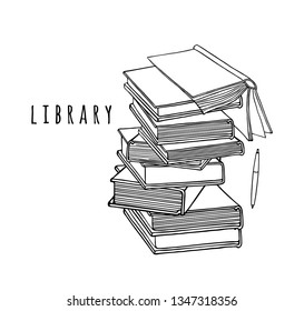 Book stack and school textbooks. Pile of books. Learning, reading, library. Graphic linear illustration, doodle, print.