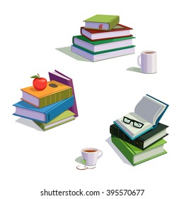 Book stack. set of vector illustrations about reading. book stacks with glasses and cups tea and coffee