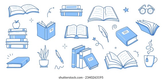 Book stack sketch set. Hand drawn sketch doodle style line book stack. Library, reading, school doodle concept icon background. Blue pen line style stroke. Vector illustration