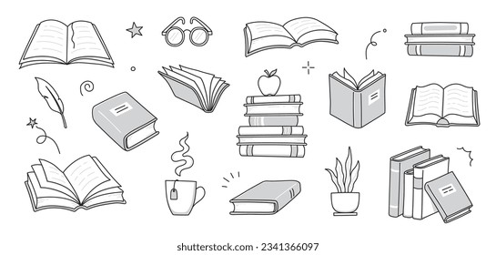 Book stack sketch set. Hand drawn sketch doodle style line book stack. Library, reading, school doodle concept icon background. Blue pen line style stroke. Vector illustration