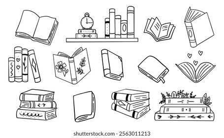 Book stack sketch set. Hand drawn sketch doodle style line book stack. Library, reading, school doodle concept icon background. Pen line style stroke. Vector illustration