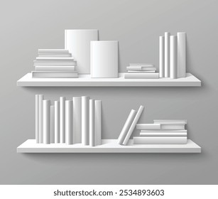 Livro da pilha da coluna vertebral e vista da tampa frontal na prateleira da parede. Ilustração vetorial 3d realista da literatura de papel com capa dura de pé e deitada na estante para design de interiores de loja, casa ou biblioteca.