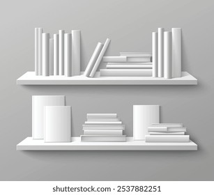 Livro da pilha da coluna vertebral e vista da tampa frontal na prateleira da parede. Ilustração vetorial 3d realista da literatura de papel com capa dura de pé e deitada na estante para design de interiores de loja, casa ou biblioteca.