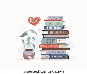 Book Stack. Textbooks For Academic Study. Vector Illustration In Trendy Flat Style Isolated On White Background.