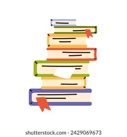 Book stack. Textbooks with bookmarks. Paper literature pile for learning, reading, studying. Academic education, knowledge, science concept. Flat vector illustration isolated on white background