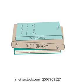 Book stack, textbooks and dictionary. School supplies, home library. Flat design hand drawn vector illustration isolated on transparent background.
