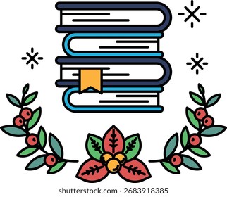 Un libro está apilado encima de otro libro. El libro está rodeado de hojas y bayas. Concepto de conocimiento y aprendizaje