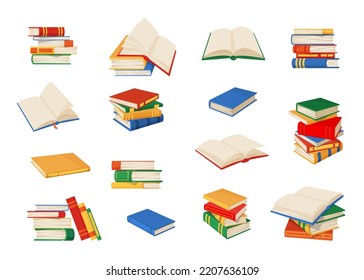 Pilas de libros. Libros, libros de texto, conjuntos de mejores vendedores, pilas vectoriales aisladas de libros de texto de bibliotecas escolares, literatura educativa y diccionarios universitarios. Libros abiertos y cerrados con coloridas cubiertas de papel