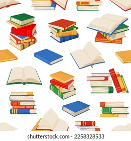 Book stacks. Books, textbooks, bestsellers seamless pattern. Library background with vector piles of school textbooks, dictionaries, bestsellers and encyclopedias. Education and literature backdrop