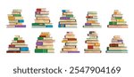 Book stacks library bookstore literature set isometric vector illustration. Pile of cartoon school textbook bestseller dictionary encyclopedia heap of paper literary knowledge education