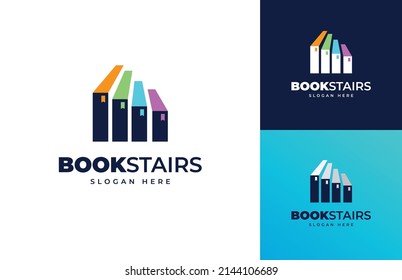 book stairs solution idea progress success education vector logo design, Stair stack book up step career school logo design