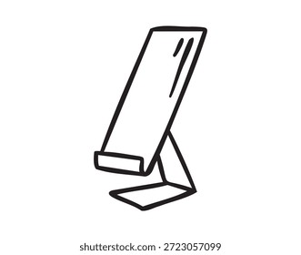 Soporte de libro, Asistencia de lectura, doodle de la escuela de arte de línea, contorno de contorno, monocromo, dibujado a mano. Ilustración vectorial.