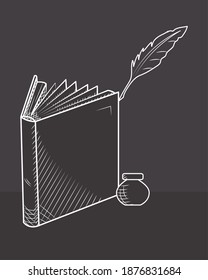 book standing with feather and ink bottle over brown background, hand draw style, vector illustration