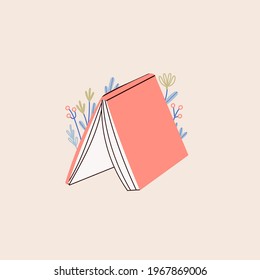 Book standing like tent with flowers. Read more books concept. Hand drawn educational Vector illustration. Cartoon modern style. Poster or print template