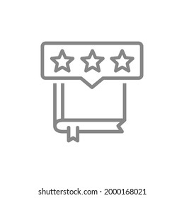 Book with stars in chat bubble line icon. Rating, positive book feedback symbol