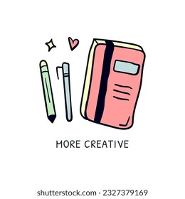 Book stationary cartoon hand drawn doodle. Release creativity sticker drawing clip art vector icon illustration