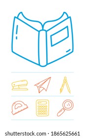 book and stationary icon set over white background, line doodle style, vector illustration