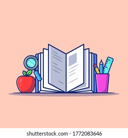 Book With Stationery, Apple And Magnifying Glass Cartoon Vector Icon Illustration. Travel Icon Concept Isolated Premium Vector. Flat Cartoon Style