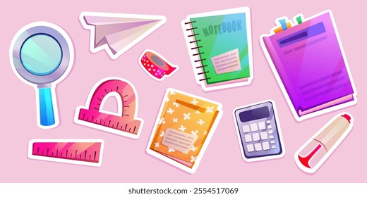 Book and stationery icon. Back to school sticker. Cute education notebook set for children. Student ruler, calculator, eraser and notepad collection. Paper airplane and magnifying glass stationary