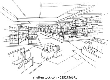 book and stationery store sketch drawing,Modern design,vector,2d illustration